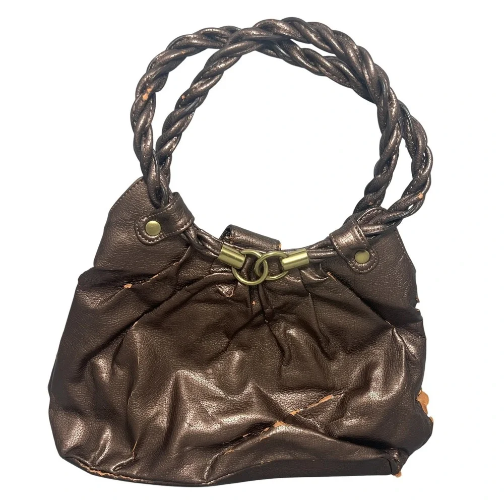 Metallic‎ Bronze Faux Leather Shoulder Bag Braided Handle Magnetic Closure
